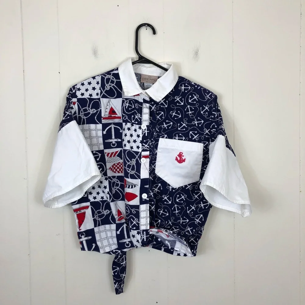 Vintage Nautical Print Button Down Crop Top Sz L - Picture 2 of 9